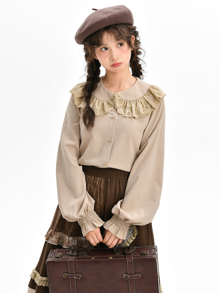 Light Coffee Peter Pan Collar Balloon Sleeves Blouse Lace Trim