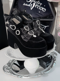 Jirai Kei Black Suede Platform Mary Janes | Dual Jacquard Lace Bows Top & Rhinestone Decor