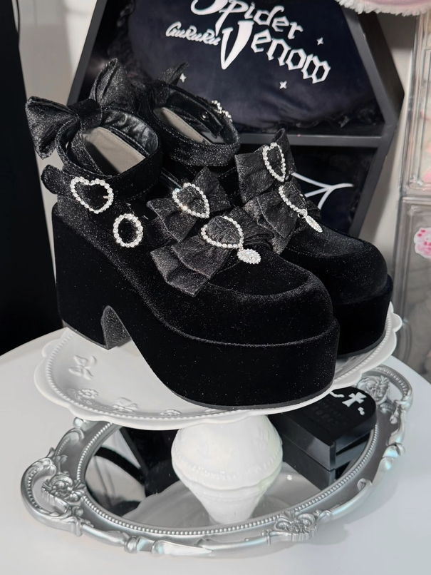 Jirai Kei Black Suede Platform Mary Janes | Dual Jacquard Lace Bows Top & Rhinestone Decor