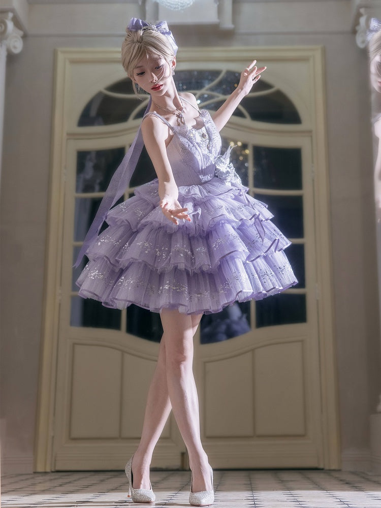 Purple Rhinestone Balletcore Lolita Silver Star Shimmer Dress - Nikki Tomorrow