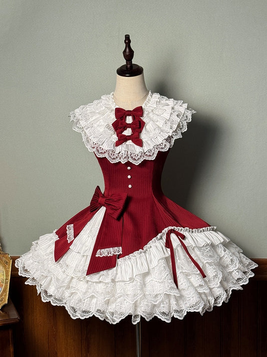 Slim Waist Dress Neck Sleeveless Lolita Ruffle Layered Sweet Fit Striped Fabric Red