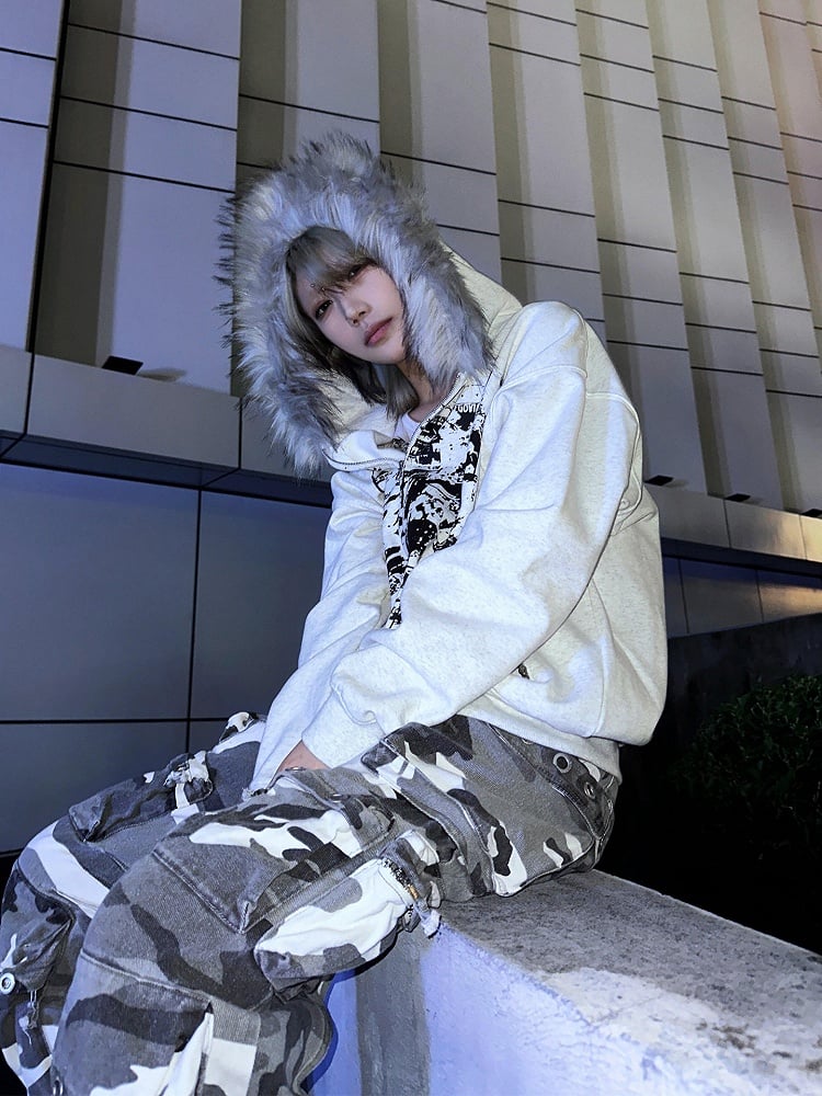 Jacket Faux Gray Trim - Hood Print Zip-up Y2K Hooded Decoration Fur Light