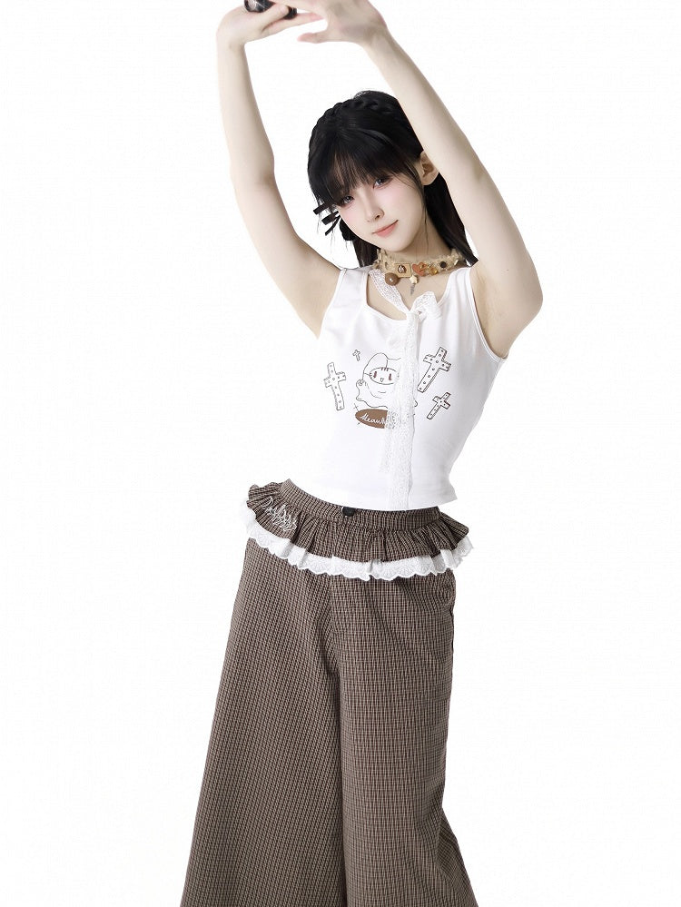 セルフタイストラップ付きホワイトキャットプリントタンクトップネックライン