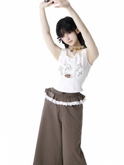 セルフタイストラップ付きホワイトキャットプリントタンクトップネックライン