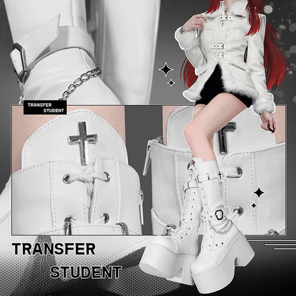 棺型バックルストラップ、クロス装飾ゴシックロリータホワイトプラットフォームブーツ