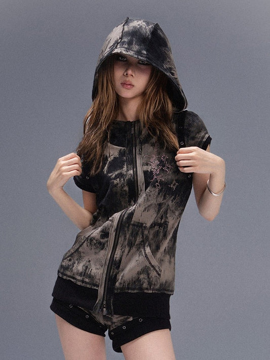 Hooded Rhinestone Grommet Straps with Gray Totem Tie-Dye Black Top Punk