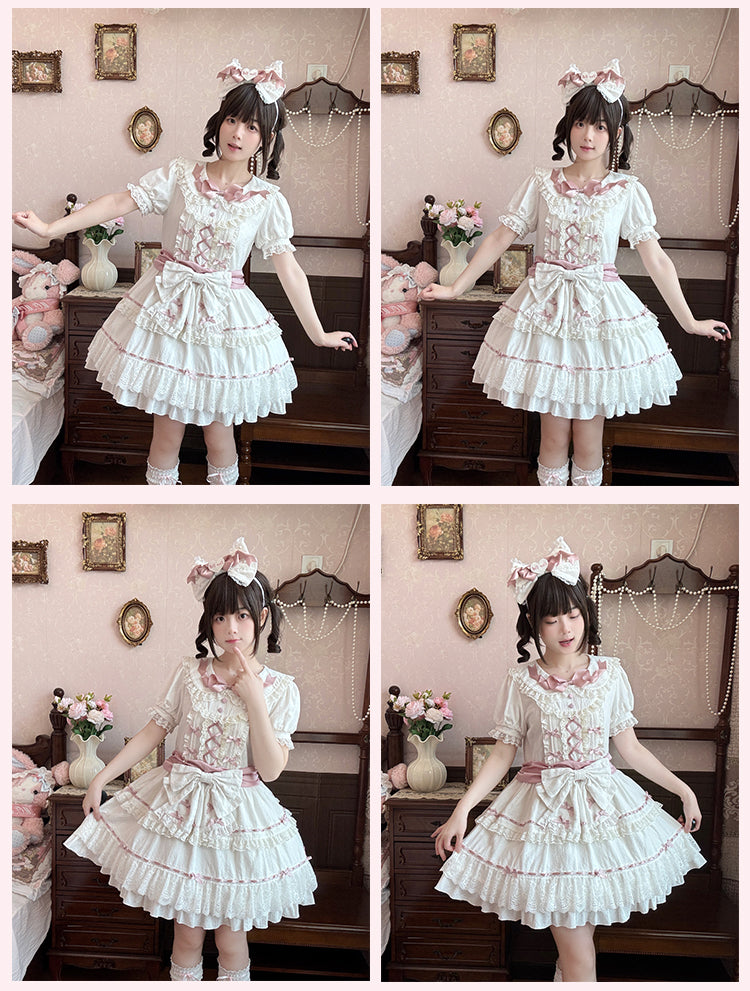 Hime Pink und Peter Pan Kragen Stufenrock Balletcore Lolita Kleid Weiß OP