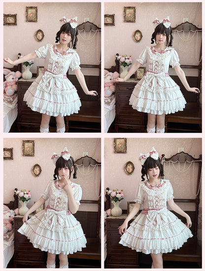 Hime Pink und Peter Pan Kragen Stufenrock Balletcore Lolita Kleid Weiß OP