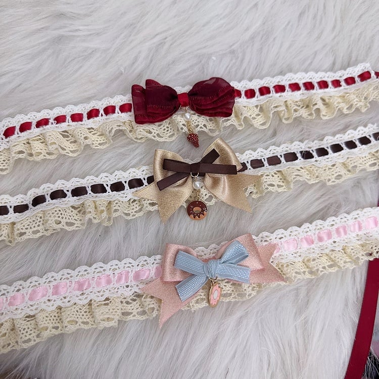Brown/Pink/Red Pendant and Lolita Choker with Sweet Bow Lace