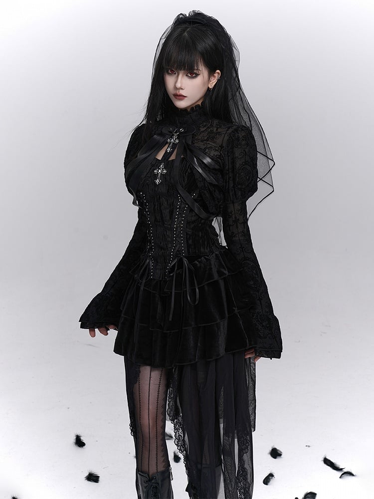 Halloween Schwarze Ärmel Achselzucken baumeln mit Bändern Gothic Juliette Stickerei Floral