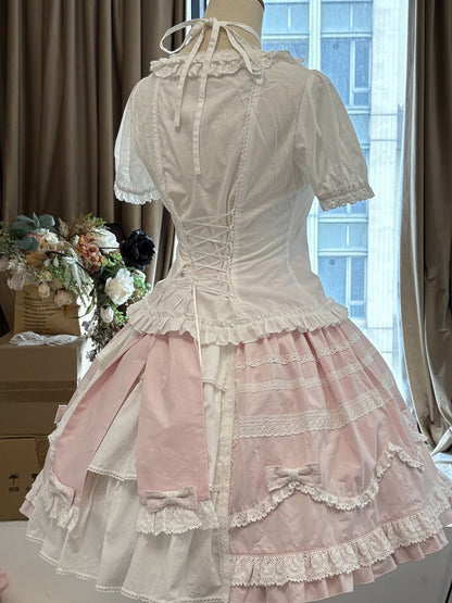Pink & White Lace-Trimmed Skirt with Bow Accents - Hana Studio
