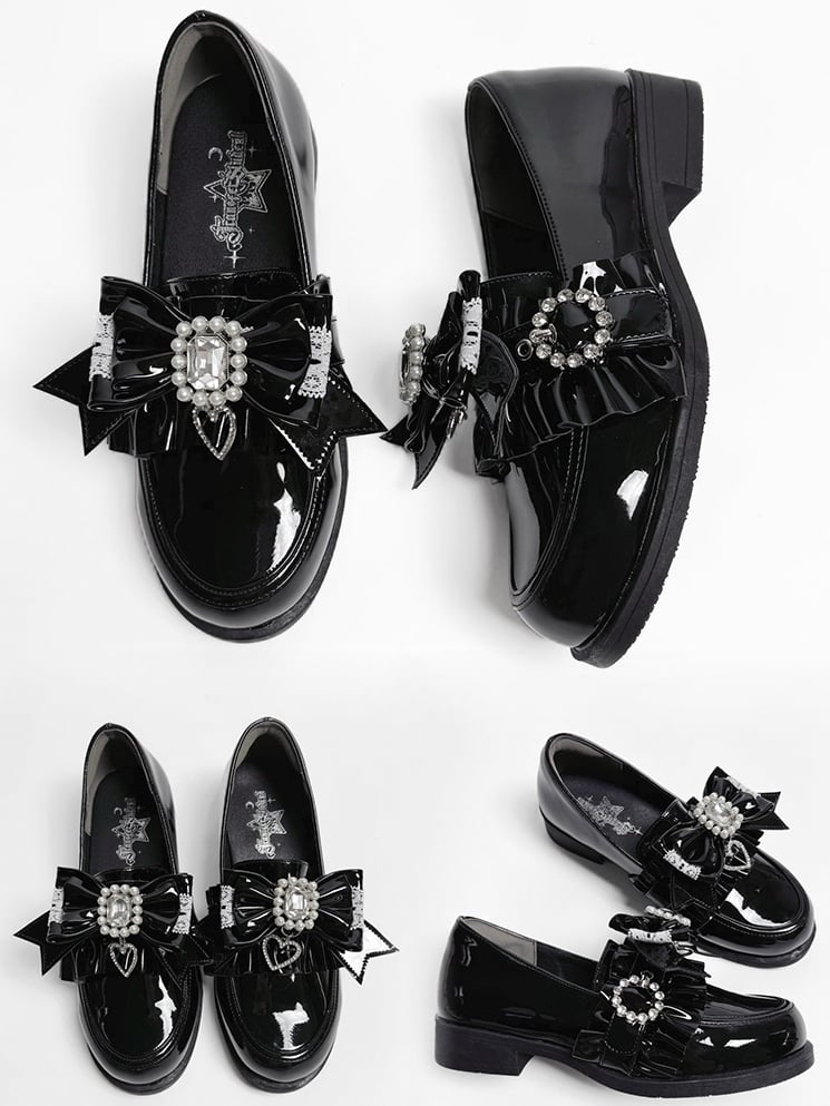 Jirai Detachable Polished Loafers Rhinestone - with Trim Design Black Slip-On Kei Beads And Decor Bow Ruffle
