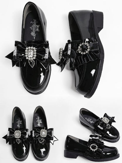 Jirai Detachable Polished Loafers Rhinestone - with Trim Design Black Slip-On Kei Beads And Decor Bow Ruffle