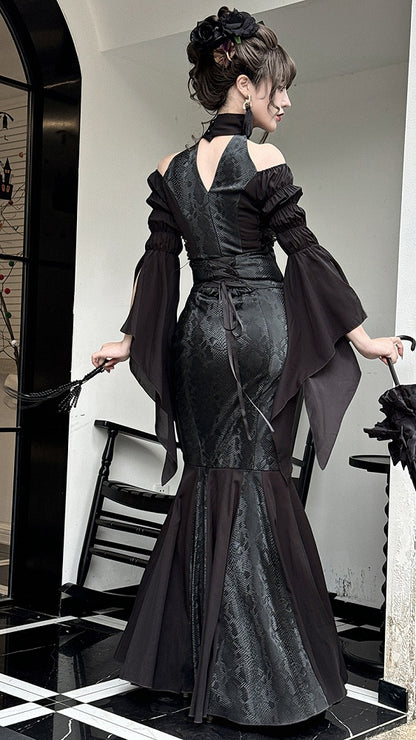 ブラックハイウエストスネークスキングレインゴシックロリータマーメイドスカート