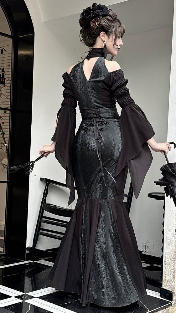 Black Open Shoulders Gothic Lolita Snakeskin Grain Top