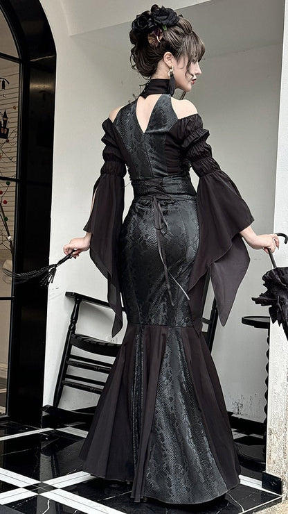 Black Open Shoulders Gothic Lolita Snakeskin Grain Top