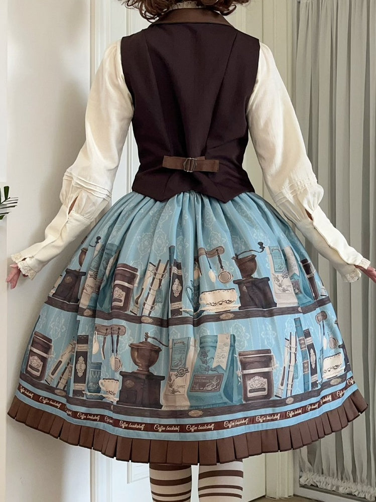 Blue Brown Coffee Cup Bookshelf Print Elegant Skirt Ruffled Hem - Dream Whale