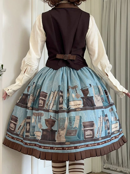 Blue Brown Coffee Cup Bookshelf Print Elegant Skirt Ruffled Hem - Dream Whale