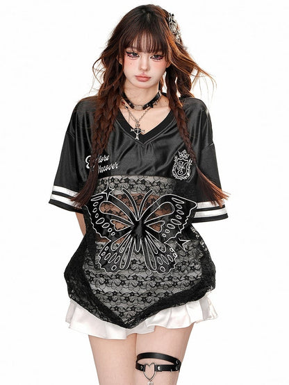 Rosa/Schwarzes sportliches T-Shirt mit Schmetterlingsapplikation und Spitze im Patchwork-Stil