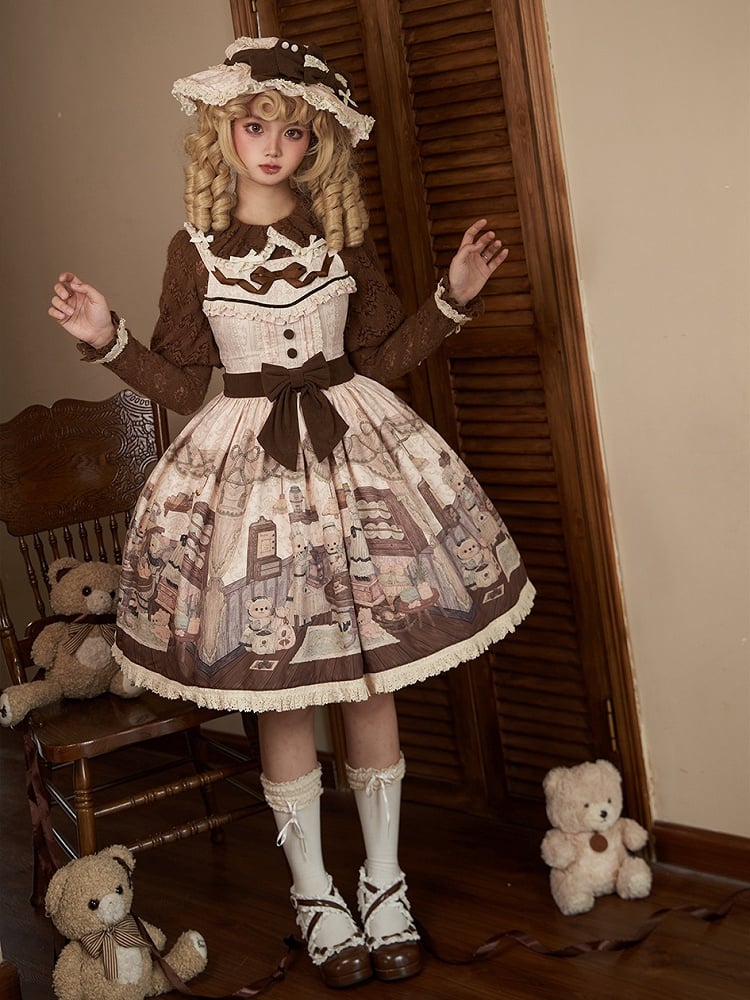 Sweet Creamy Little Print Bear Coffee Jumper Lolita House Skirt