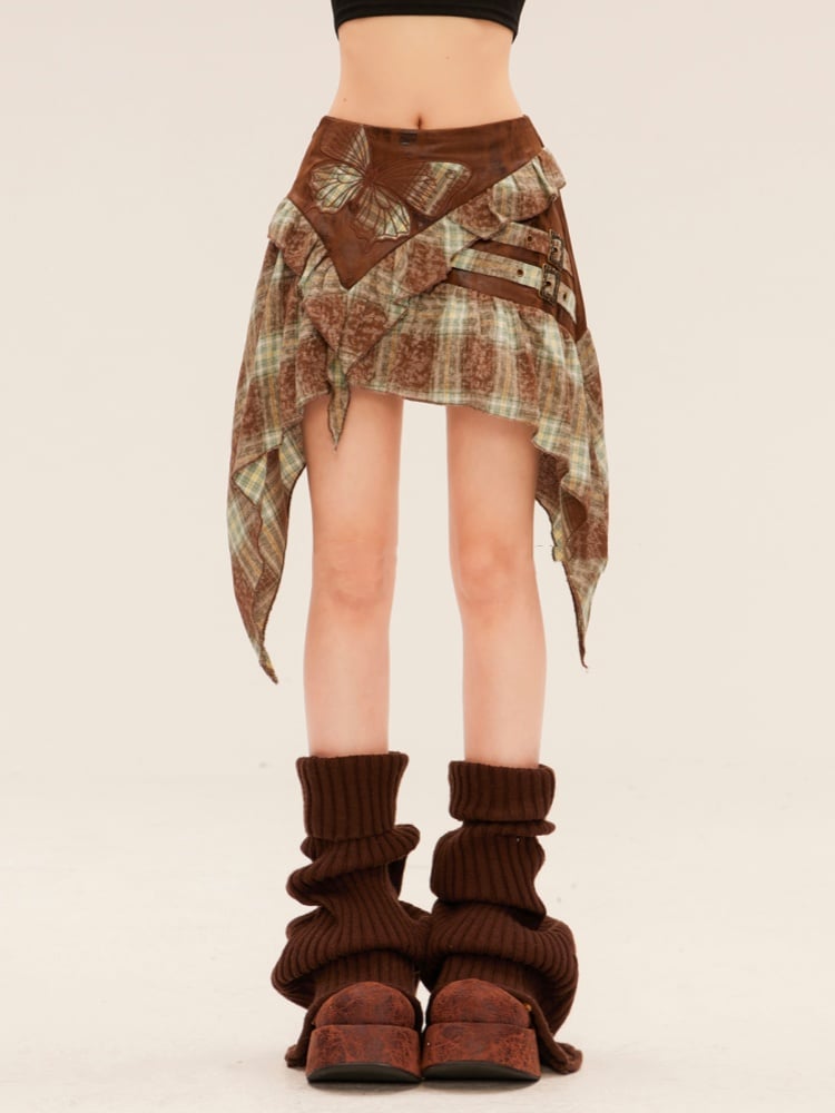 バタフライアップリケハンカチ裾グリーンチェックスカート
