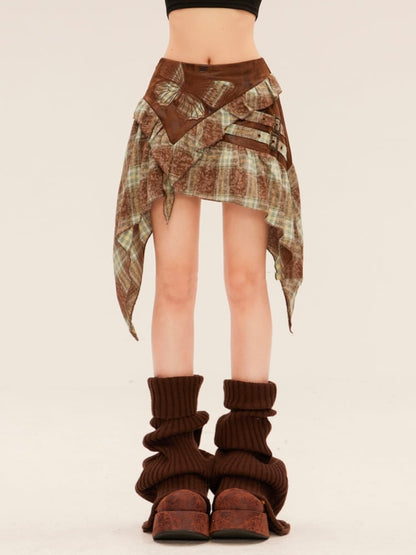 バタフライアップリケハンカチ裾グリーンチェックスカート