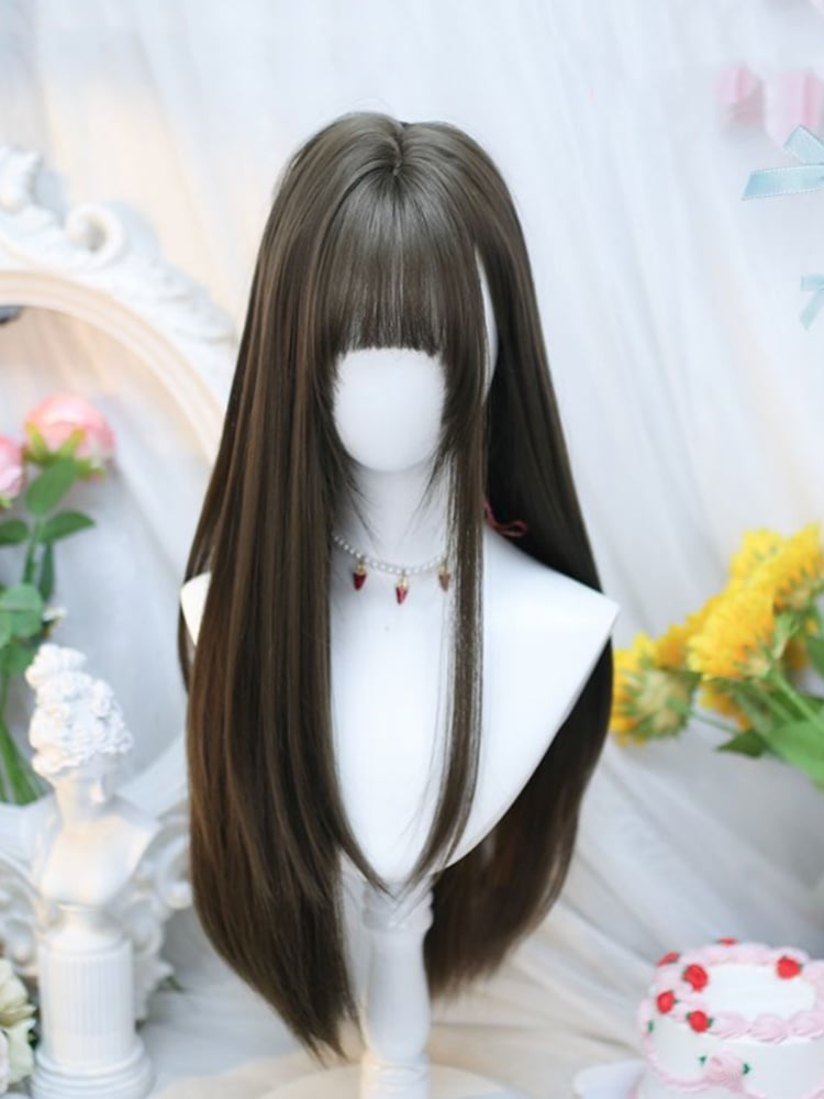 Light Brown Under Bust Length Straight Wig with Air Bangs