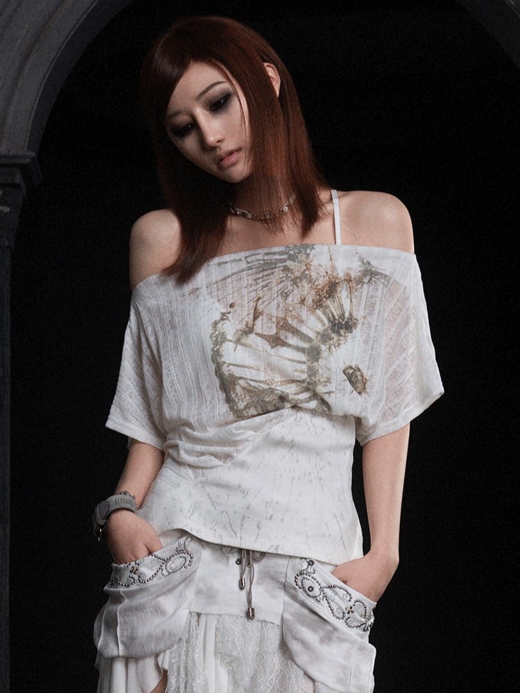 Off-Shoulder Top Punk White Semi-Sheer with Prints