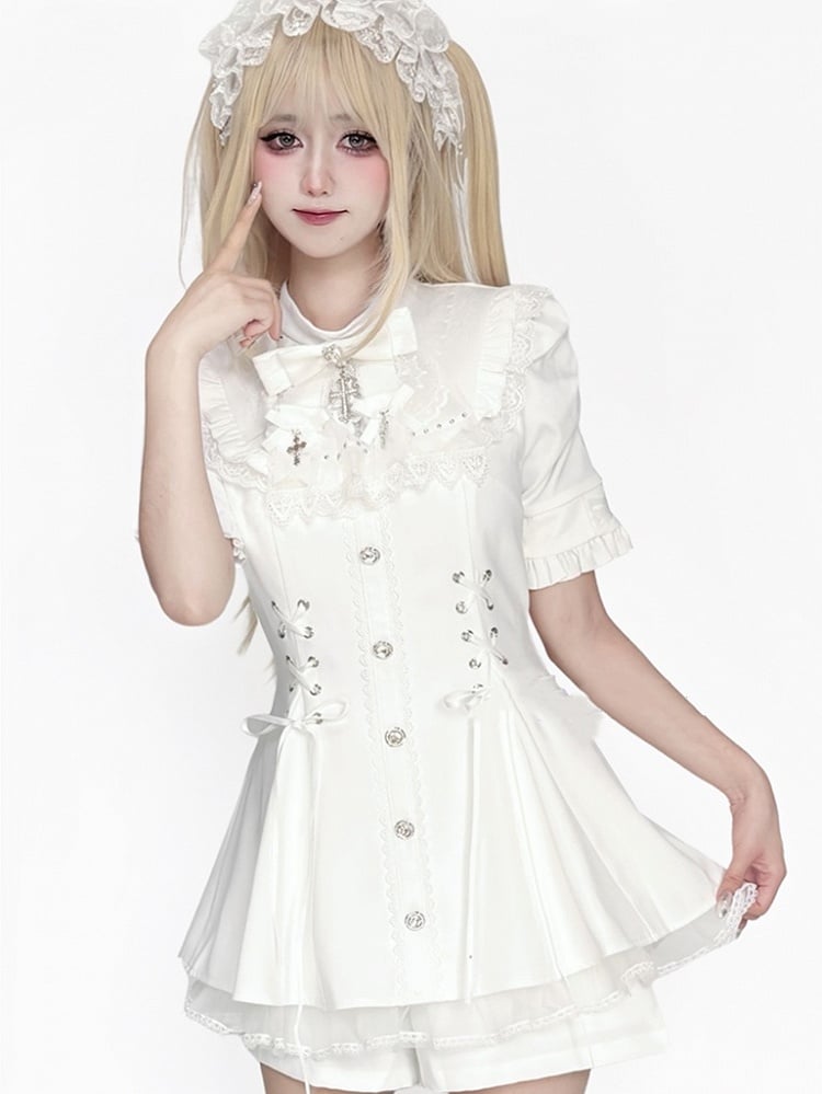 Bow Short Tie Bib Detachable Kei with Dress All-White Jirai Set Sleeve