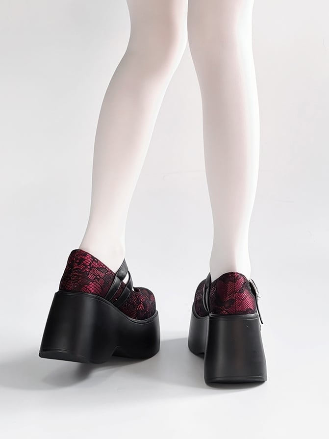 Punk - Black Red Sole Design Coffin-Shaped Buckle Shoes Platform
