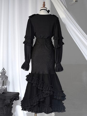 Skirt Fish-Tail Black Layered Ruffles Gothic Lolita with