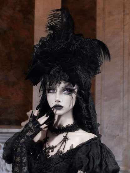 Bow Gothic Hat Velvet Detachable Veil High-Top and Lace with Black Feather