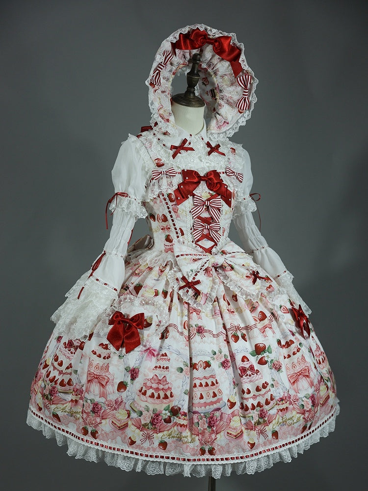 Sweet Bow JSK Full Lolita Accents Print / Weiße Desserts und Set Erdbeere