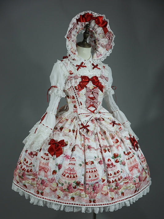 Sweet Bow JSK Full Lolita Accents Print / Weiße Desserts und Set Erdbeere