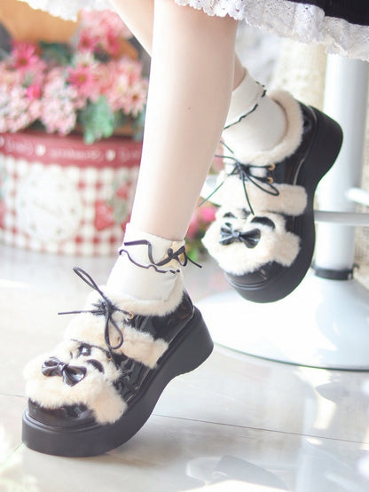 Black Theme Bear Lolita with Sweet Accents PU Ear Bow - Shoes Platform