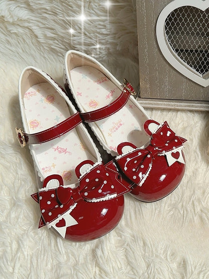 Buckle Red - Mary Low Lolita Polka-dot with Janes Sweet Ear PU Bear Bow Heel Teddy