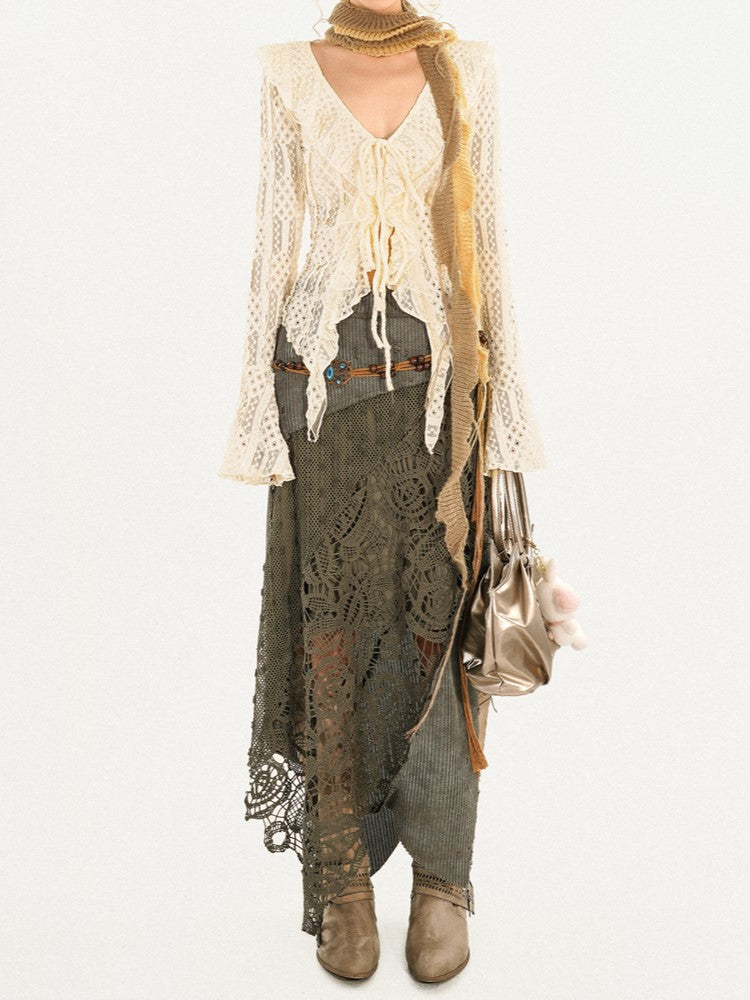 Lace Patchwork Vintage Green Asymmetrical Knit Skirt with Cutout