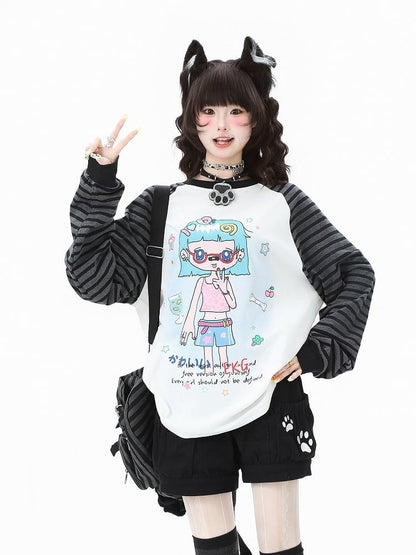 Cartoon Top Sleeve Striped Girl White/Orange