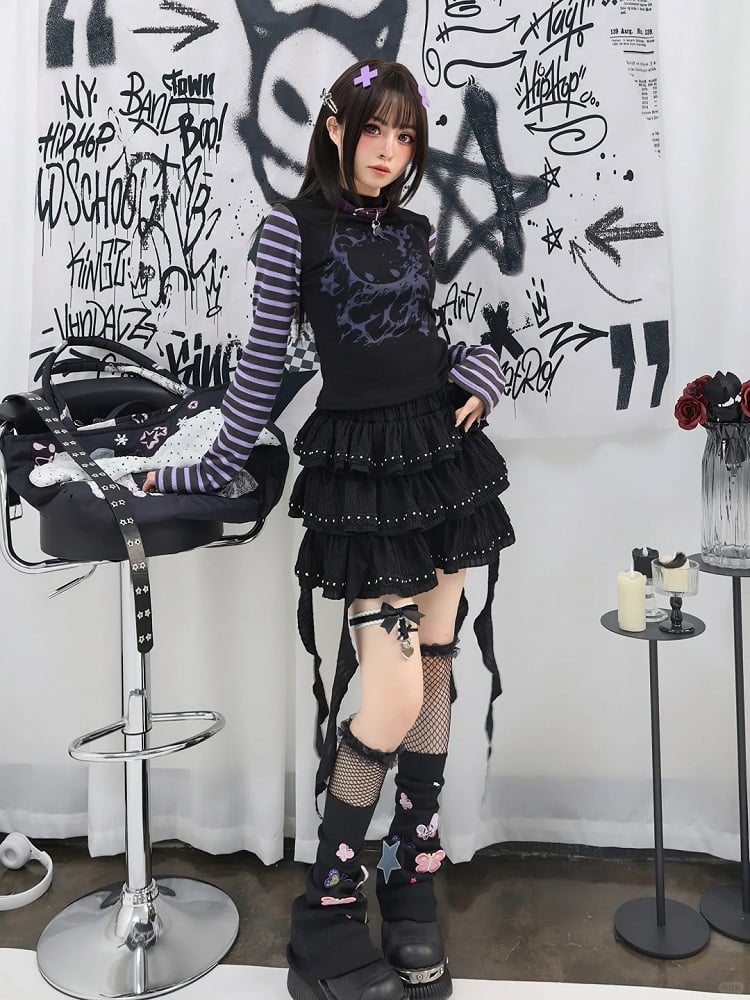 詳細 ティアードスカート ブラック カスケードフリル スタッド バレエコア