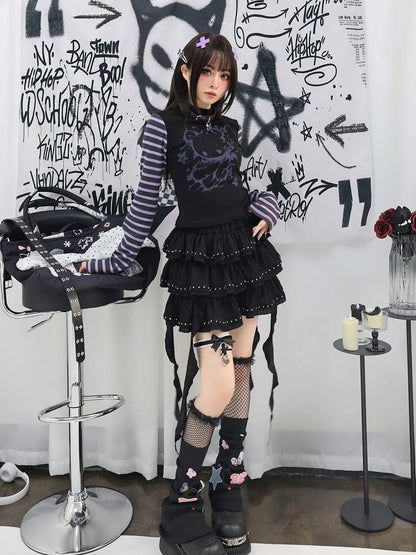 詳細 ティアードスカート ブラック カスケードフリル スタッド バレエコア