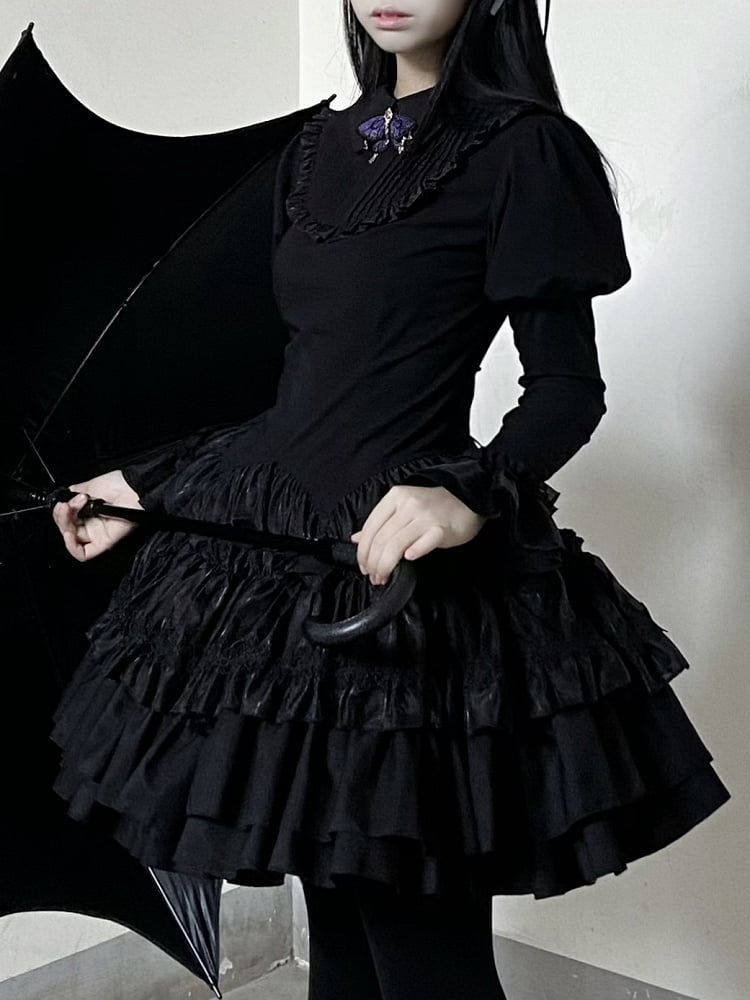 Black Gothic Lolita Tiered Ruffle Puffy Skirt