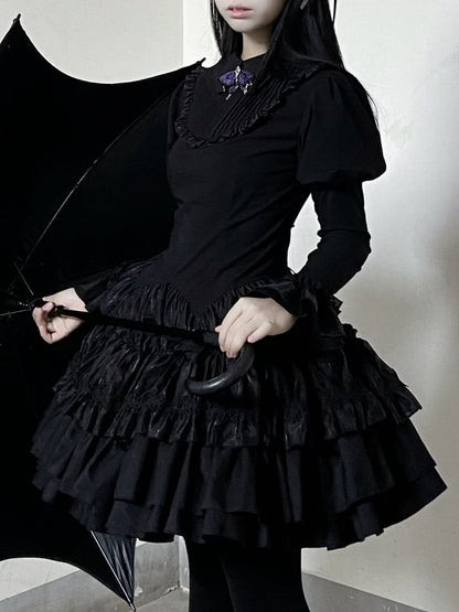 Black Gothic Lolita Tiered Ruffle Puffy Skirt