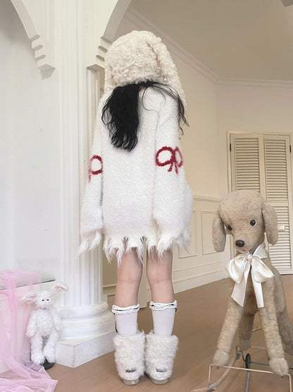 Chime Jacquard and Wind Cozy White Fuzzy Sweater with Distress Trim and Bow