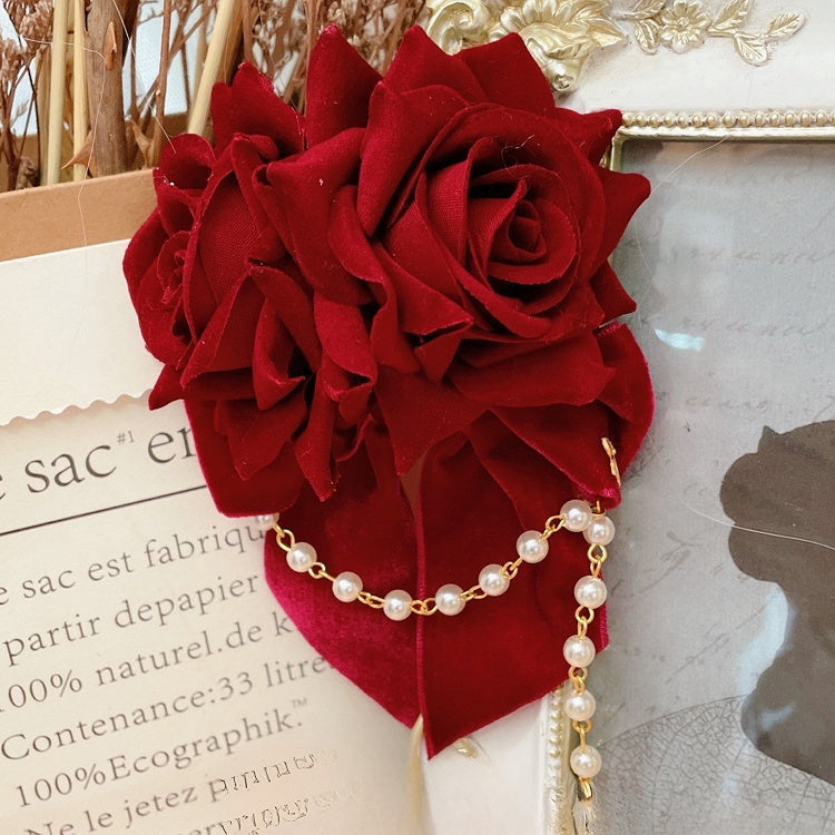 Hairclip Bowknot Charm Rosette Red Beaded Design