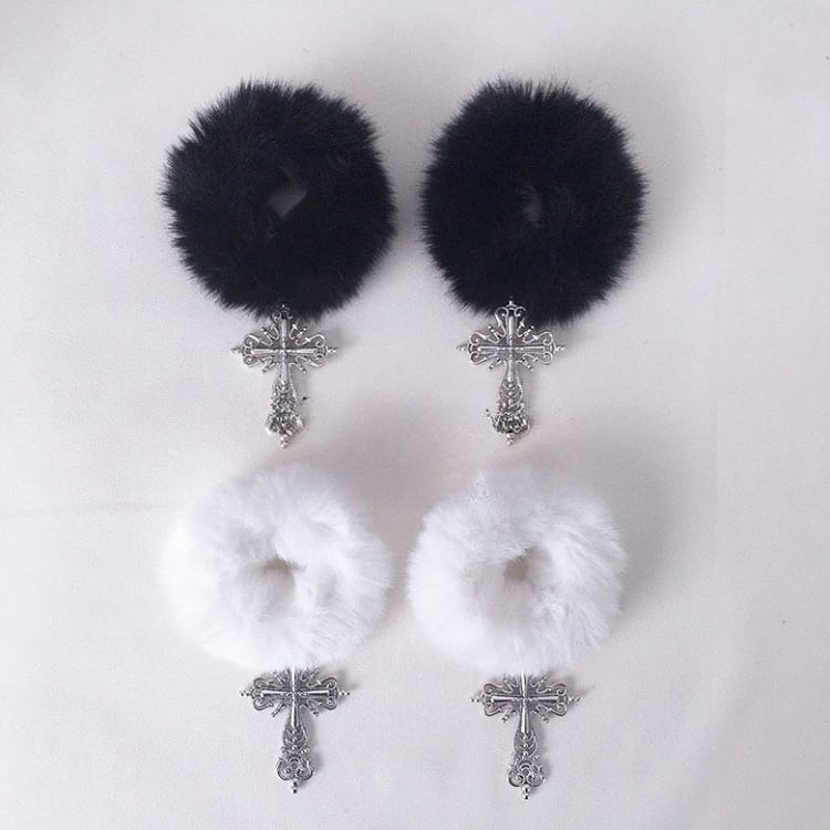 with White/Black Ties Fluffy Charms Cross Hair