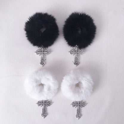 with White/Black Ties Fluffy Charms Cross Hair
