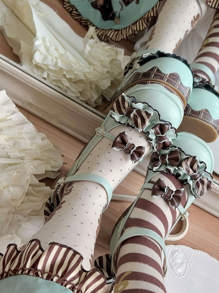 Mint Green Heart Buckle Lolita Shoes - Sheep Puff