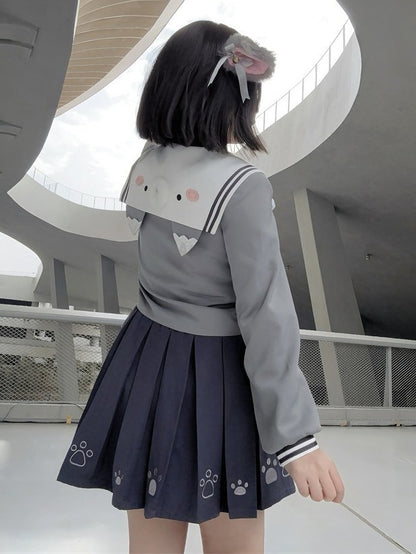 Wolf Motif Gray Sailor-Collar Long Sleeve Tee with Bows and Pom-Poms - To Alice
