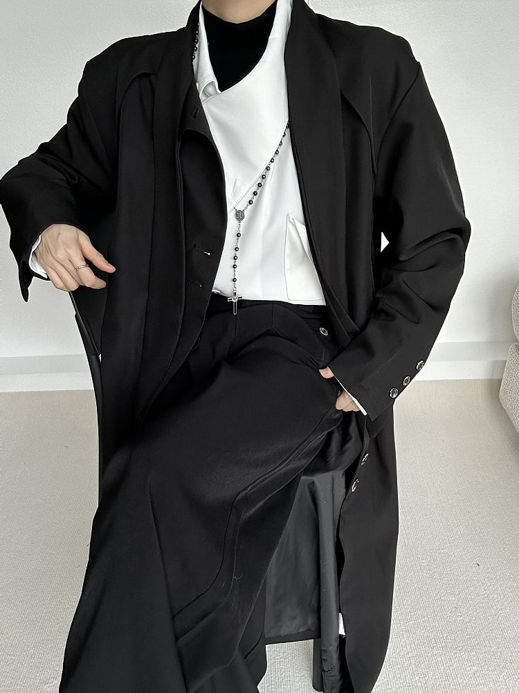 Neck Trench Long Vintage Black Button with Tie Coat Ouji Lolita Placket