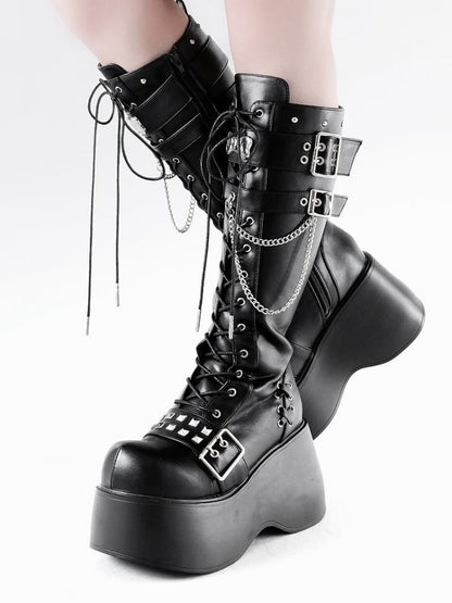 骨型メタルプレート マットブラック パンク ウェッジ プラットフォーム ニーハイブーツ